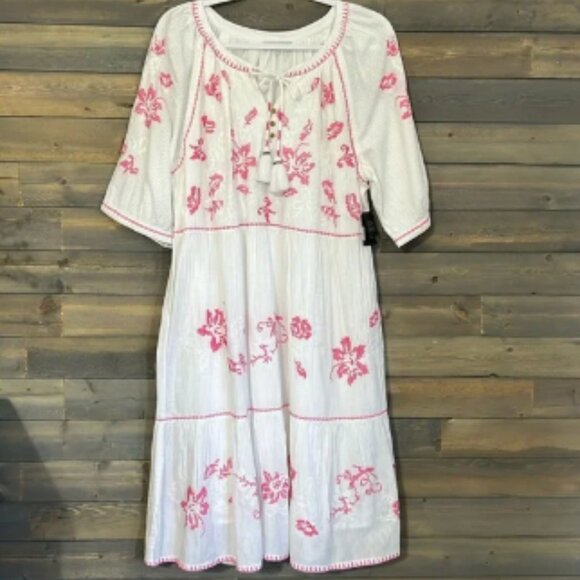 New John Mark Embroidered Boho Dress Size L White with Pink Embroidery - Picture 1 of 8